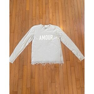 Elan‎ Amour Graphic Long Sleeve Tee Grey Cotton Linen Distressed Hem Small Emo